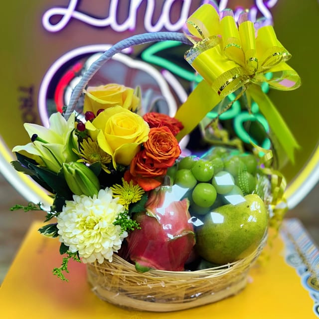 Tropical Fruits & Fresh Flowers Gift Basket.